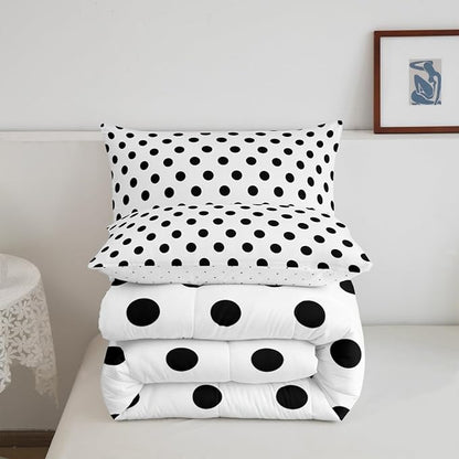 Manfei Black Polka Dots Comforter Set Twin Size,French Style Dots Cartoon Cute Bedding Set 2 Pcs for Boys Girls,Geometric Circles Black White Simple Art Comforter,1 Pillowcase