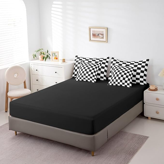 Feelyou Checkered Retro 7 Piece Bedding Set Teen Women Men Black White Plaid Comforter Set with Sheets Queen Size Kids Boys Geometric Vintage Bed in a Bag Modern Simple Groovy Aesthetic Room Decor