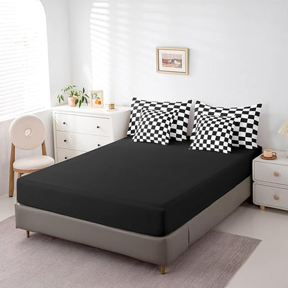 Feelyou Checkered Retro 7 Piece Bedding Set Teen Women Men Black White Plaid Comforter Set with Sheets Twin Size Kids Boys Geometric Vintage Bed in a Bag Modern Simple Groovy Aesthetic Room Decor