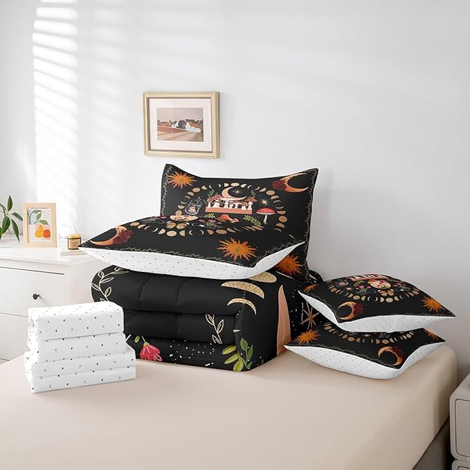Feelyou Sun Moon Bedding Bed in a Bag with Comforter, Boho Exotic Mushroom Bedding Set with Comforter, Bohemian Comforter for Women Men Floral Full Size 7Pcs Room Decor