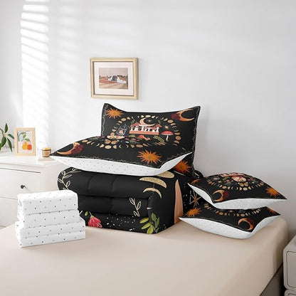 Feelyou Sun Moon Bedding Bed in a Bag with Comforter, Boho Exotic Mushroom Bedding Set with Comforter, Bohemian Comforter for Women Men Floral Queen Size 7Pcs Room Decor