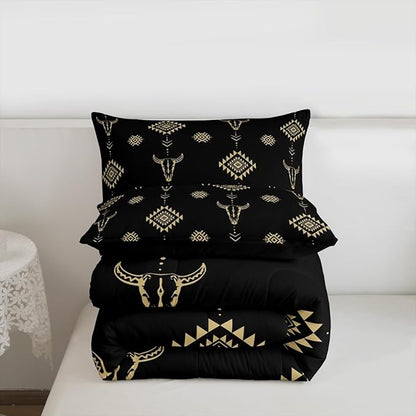 Castle Fairy Cow Skull Bed Comforter Set Queen Size,Aztec Bohemia Tribal Exotic Super Soft Microfiber Bedding Set for Girls Boys,Western Cowboy Black Gold Decorative Quilter Set 3 Pcs
