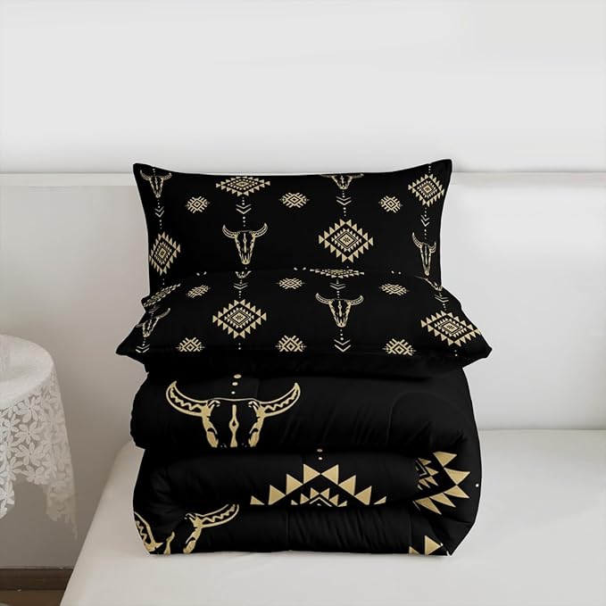 Castle Fairy Cow Skull Comforter Set King Size,Aztec Bohemia Tribal Exotic Down Alternative Adults Bedroom Decor,Western Cowboy Black Gold Ultra Soft Microfiber Inner Fill 3 Pcs Bedding