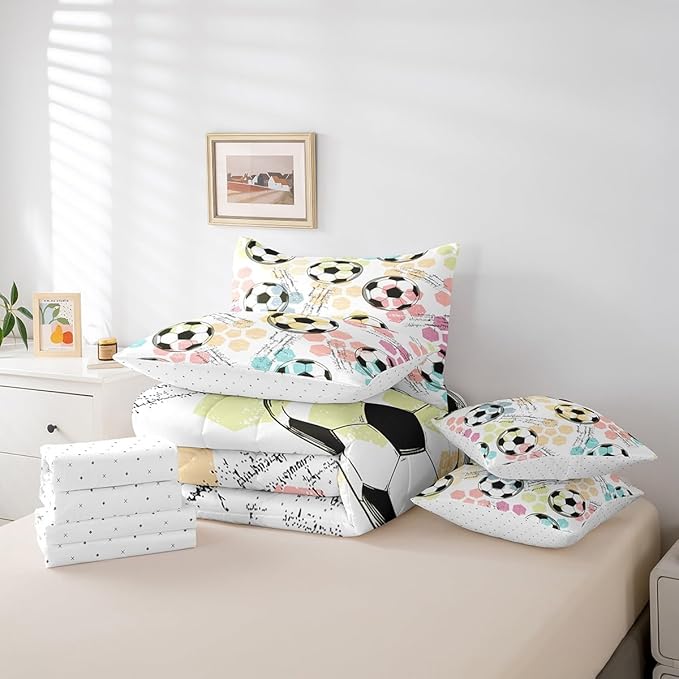 Feelyou Boys Soccer Ball Comforter Set Full Size 7 Pcs Girls Football Comforter Bed in a Bag Soccer Ball Game Bedding Set for Teens Sports Bed Set with Sheets, Pillowcases, Pillow Covers