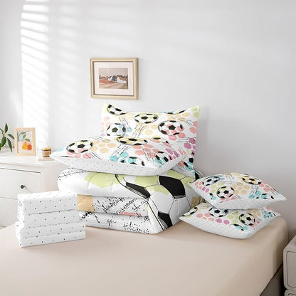 Feelyou Boys Soccer Ball Comforter Set Queen Size 7 Pcs Girls Football Comforter Bed in a Bag Soccer Ball Game Bedding Set for Teens Sports Bed Set with Sheets, Pillowcases, Pillow Covers