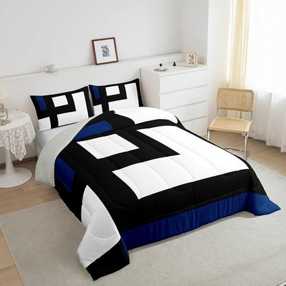 Erosebridal Blue Black and White Striped Toddler Comforter Square Abstract Bedding Set Modern Geometric Stripes Bold Lines Duvet Insert Minimalist Stylish Plaids Bed Sets