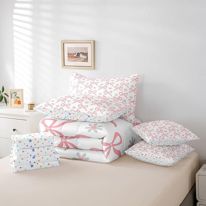 Feelyou Pink Bow Comforter Set with Sheets Twin Size Kids Bowknot Floral Flower 7 Pieces Bedding Set for Boys Girls Teens Gift for Girls Women Bed in a Bag Breathable Princess Décor Bed Set