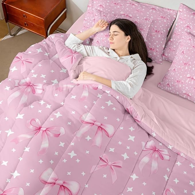 Erosebridal Pink White Starry Girly Bowknot Full Comforter Set 7 Pieces | Kawaii Bow Cute Dreamy Bed in A Bag for Bedroom Princess Ribbon Bedding Set with Comforters Women Kids Room Decor