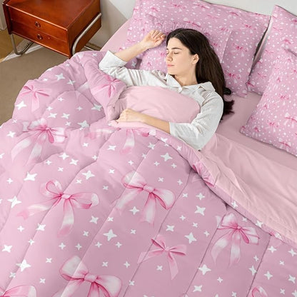 Erosebridal Pink White Starry Girly Bowknot Full Comforter Set 7 Pieces | Kawaii Bow Cute Dreamy Bed in A Bag for Bedroom Princess Ribbon Bedding Set with Comforters Women Kids Room Decor