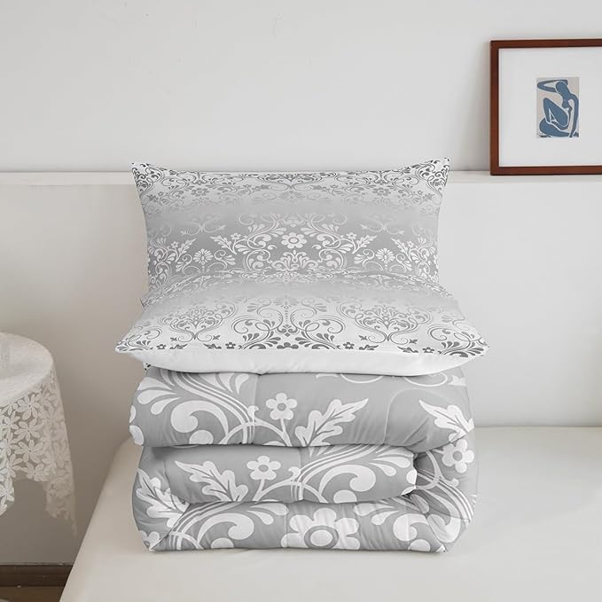 Feelyou Adults Silver Vintage Damask Floral Comforter Set Oriental Antique Comforter Full Size Gothic Bohemia Boho Flower Bedding Set Bohemian Exotic Duvet Set Quilt Set 3Pcs