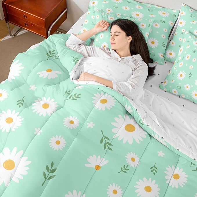 Feelyou Daisy Comforter Set with Sheets for Girls Boys Kids Queen Size Botanical Floral Printed 7 Piece Bedding Set Green Blossom Flowers Pattern Bed in a Bag Natural Theme Room Decor Breathable Soft