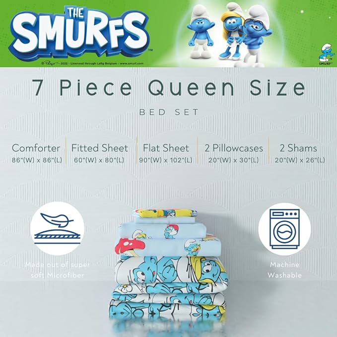 The Smurfs Kids Bedding Super Soft & Cozy Reverisble Microfiber Comforter and Sheet Set with Sham, 7 Piece Queen Size, (Officially Licensed Product) by Franco