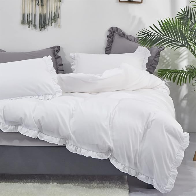 CLOTHKNOW White Ruffles King Size Comforter Set 3Pcs Farmhouse Bedding Comforter Sets Shabby Chic Comforter Vintage Rustic Comforter with 2 x Pillow Cases