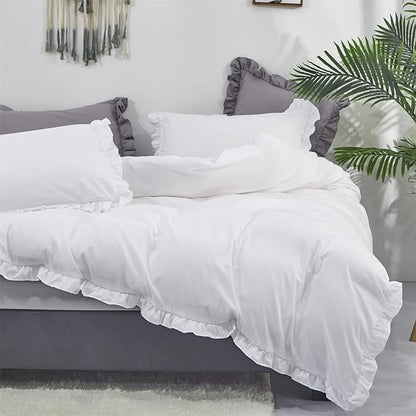 Luxlovery White Comforter Set Queen White Ruffle Bedding Comforter Set Queen Shabby Chic Blanket Quilts Vintage Rustic Bedding Set with Ruffles Women Girls