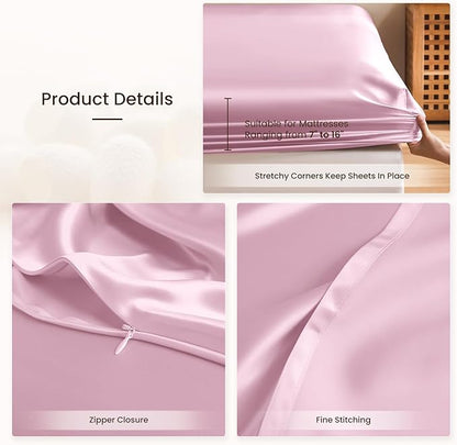 THXSILK 6A+ Top Grade 100% Pure Mulberry Silk King Fitted Sheet 3Pcs Set Bed Sheets Luxury Bedding for Hair and Skin Breathable Cooling Safe Material, 1 Fitted Sheet with 2 Pillowcases, Lavender