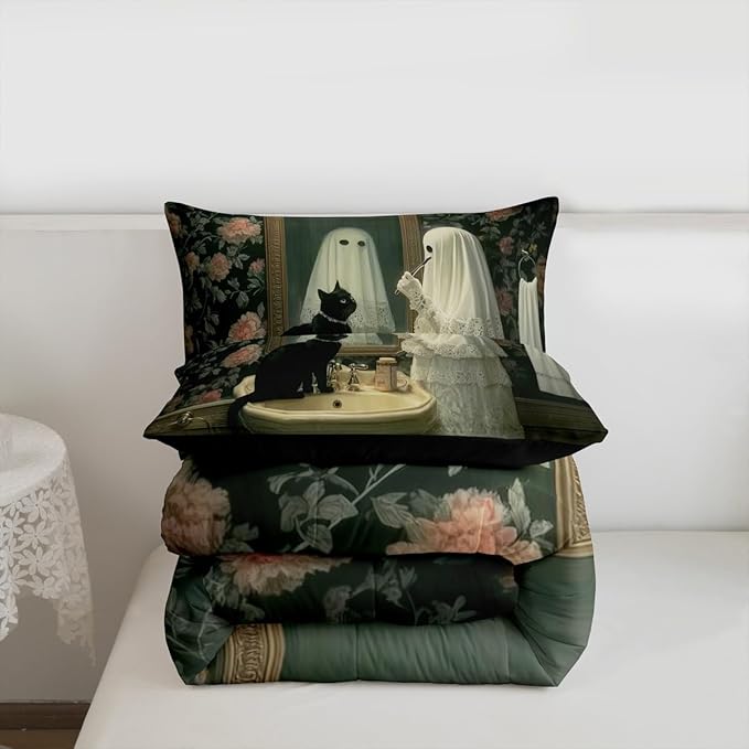 Erosebridal Funny Ghost King Size Comforter Set, Happy Halloween Cute Ghost Bedding Set, Gothic Cat Comforter, Rose Flowers Retro Baroque Boho Floral Quilt with 2 Pillowcases for Bedroom Decor