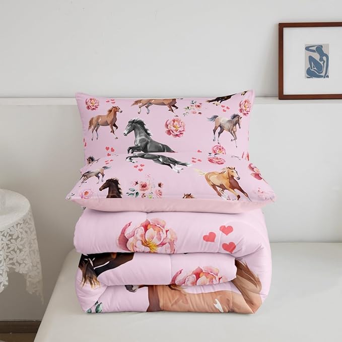 Erosebridal Horse Comforter Set King for Cowboy Cowgirl,Pink Rose Petal Bedding Set for Youth Adult,Rustic Horse Quilt for Bedroom Decor,Western Farmhouse Wildlife Down Comforter with 2 Pillowcases