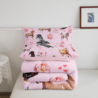 Erosebridal Horse Comforter Set King for Cowboy Cowgirl,Pink Rose Petal Bedding Set for Youth Adult,Rustic Horse Quilt for Bedroom Decor,Western Farmhouse Wildlife Down Comforter with 2 Pillowcases