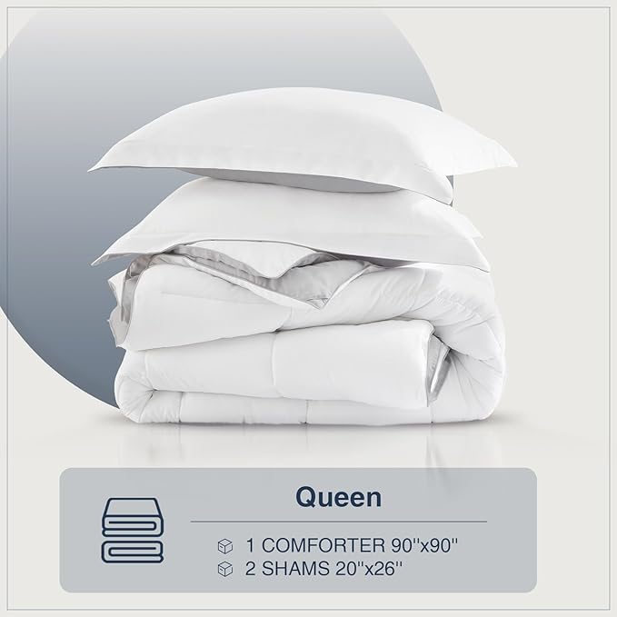 satisomnia Queen Comforter Set, White Grey Bedding Comforters Queen Size, 3 Pieces Down Alternative Bed Comforter Lightweight, Soft Quilted Bed Set Breathable, Reversible All Season Bedding Sets