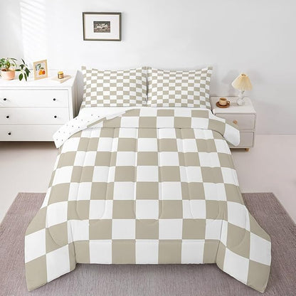 Feelyou Checkered Bedding Set Teen Women Men Beige Plaid Comforter Set Full Size Kids Boys Girls Cute Retro Neutral Checkerboard Geometric Duvet Insert Vintage Aesthetic Room Decor