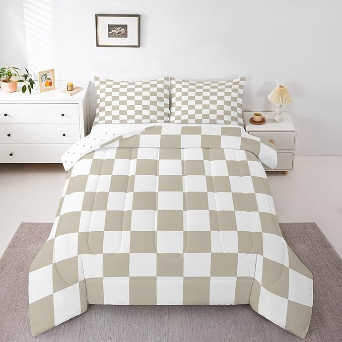 Feelyou Checkered Bedding Set Teen Women Men Beige Plaid Comforter Set King Size Kids Boys Girls Cute Retro Neutral Checkerboard Geometric Duvet Insert Vintage Aesthetic Room Decor