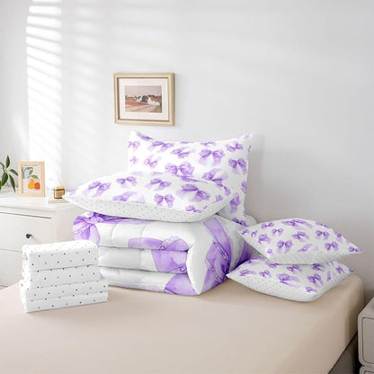 Erosebridal Purple Kids Girls Bowknot Bow King 7-Piece Comforter Set | Lace Princess Sheets and Pillowcases Dreamy Bed in A Bag Kawaii Cute Bed Sets