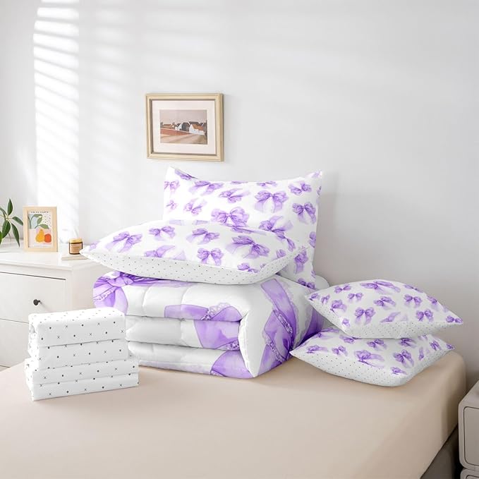 Erosebridal Purple Kids Girls Bowknot Bow 7 Piece Bedding Set Twin | Lace Princess Comforter Set with Sheets Dreamy Bed in A Bag Kawaii Cute Bed Sets