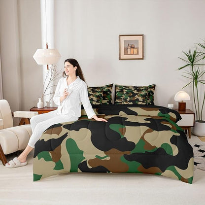 Erosebridal Camouflage 7 Piece Bedding Set King Camo Comforter Set with Sheets Dark Green Brown Black Bed in a Bag Rustic Farmhouse Abstract Bed Sets Comforter