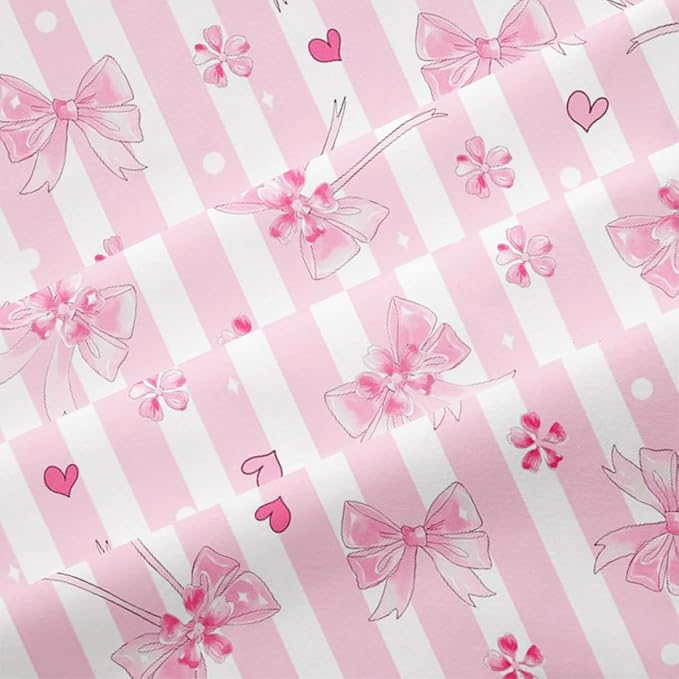 Pink Bow Comforter Set Queen Pink White Striped Bedding Set Girls Coquette Bedding Soft Lightweight Princess Style Comforter with 2 Pillowcases