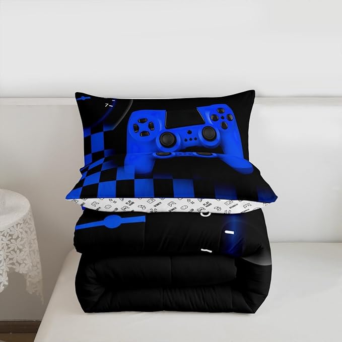 Erosebridal Gamer Bedding Set for Boys&Girls,Blue Buffalo Plaid Check Gaming Comforter Set King Size Gamer Room Decor Gift,Gamepad Alternative Duvet Insert,Gamer Quilt Set with 2 Pillowcases Soft