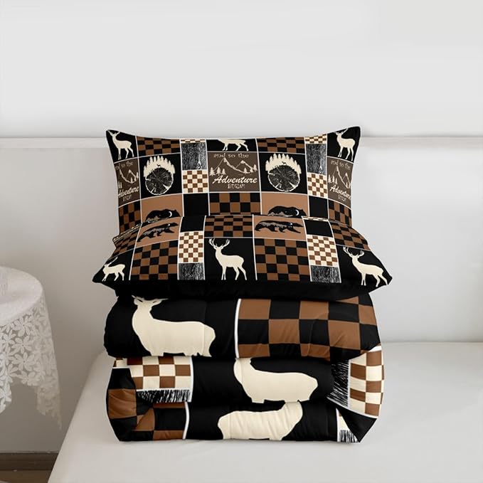 Boys Bear Deer Plaid Comforter Set, Rustic Cabin Lodge Bedding For Kids Bedroom, Brown Black Buffalo Quilt Hunting Wildlife Camping Farmhouse Patchwork Duvet Insert Deer Decorations For Home, Twin