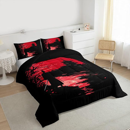 Erosebridal Samurai Comforter Set, Sunset Bedding Set, Japanese Samurai Warm Soft Down Comforter, Scenery Silhouette Bedroom Decor 3Pcs Duvet Set for Men Boys Teens, King Size