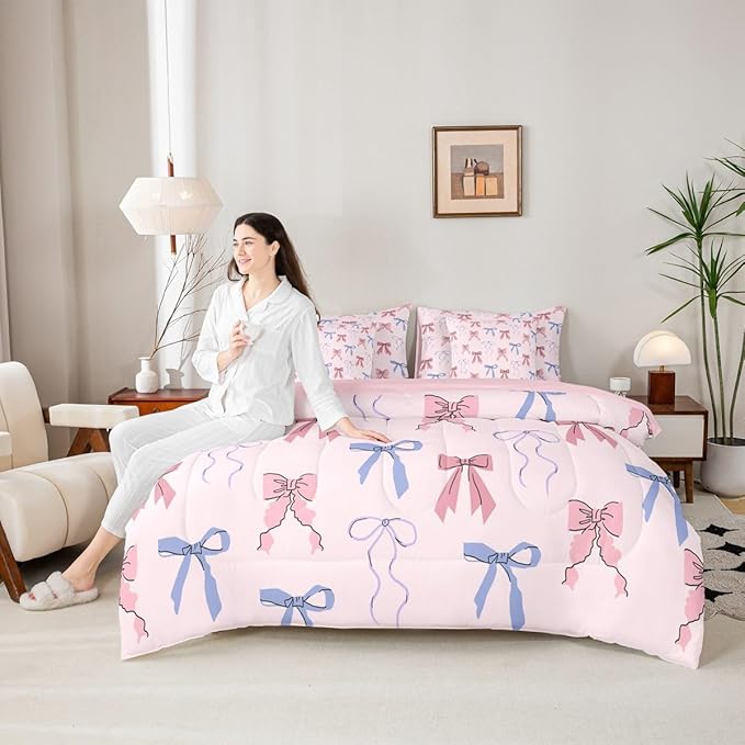 Erosebridal Ribbon King Comforter Set Bowknot 7-Piece Bed in A Bag Fairy Kawaii Sweet Bow Dreamy Sheets and Pillowcases Pink Blue Bed Sets