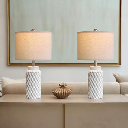 20.5" Set of 2 Bedside Table Lamps Modern White Honeycomb Ceramic - Linen Shade, E26 Knob Switch for Living Room, Bedroom & Nightstand