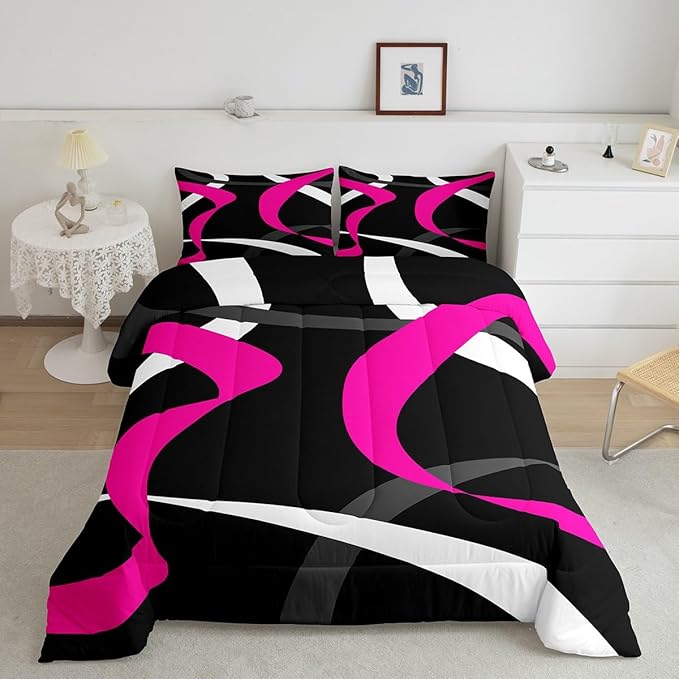 Erosebridal Grey Black Hot Pink Bedding Comforter Sets Gray White Striped Abstract Bedding Set Twin for Kids Girls Teen Women Geometric Stripes Down Comforter Modern Fashion Quilt Duvet