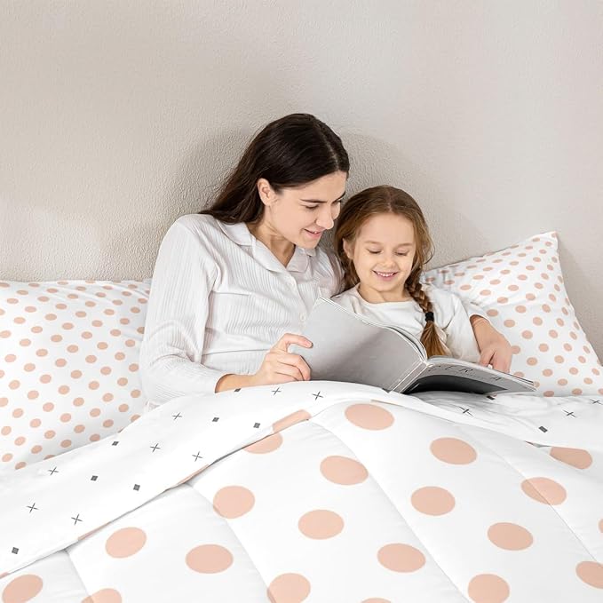 Manfei Polka Dots Pink White Comforter Set Twin Size,Geometric Circles Simple Art Bedding Set 2 Pcs for Boys Girls,Cute French Style Dots Cartoon Comforter,1 Pillowcase
