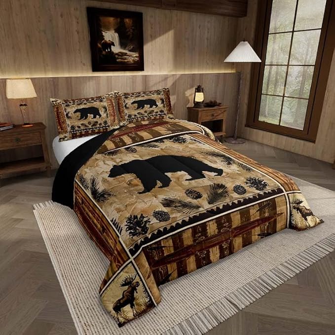 Feelyou Black Bear Comforter Set Twin Western Rustic Cabin Decor Bedding Tribal Forest Animals Comforter Elk Wildlife Hunting Down Bear Deer Patchwork Quilt Set Nordic Bedroom Decor