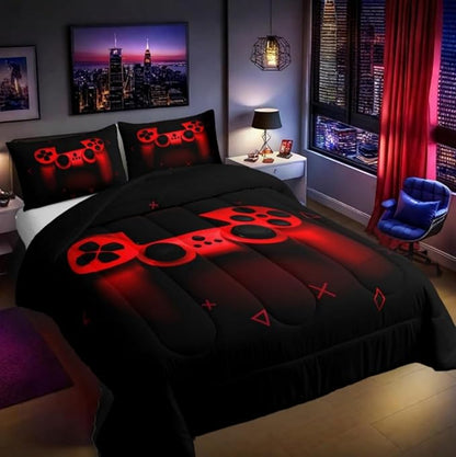 Boys Gamer Comforter Set Twin Size,Gamepad Bedding Set Kids Young Man Video Games Down Comforter for Teen Child Game Room Decor Black Red Classic Retro Gaming Quilted Duvet Set with Pillowcase