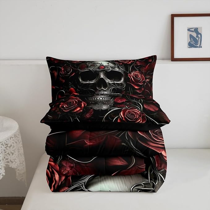 Erosebridal Adults Gothic Comforter Set Bohemian Boho Goth King Bedding Set Vintage Horror Skull Bed Sets Red Rose Baroque Victorian Romantic Rose Duvet Insert,Halloween Gothic Bedroom Decor