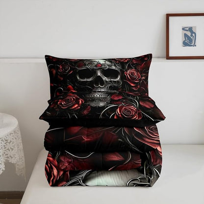 Erosebridal Adults Gothic Comforter Set Bohemian Boho Goth King Bedding Set Vintage Horror Skull Bed Sets Red Rose Baroque Victorian Romantic Rose Duvet Insert,Halloween Gothic Bedroom Decor