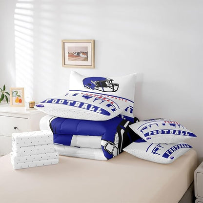 Erosebridal Football 7 Pcs Comforter Set Full Football City Bedding for Kids Blue Grey Football Fans Sheet Set Bed in A Bag Rugby Game Bedroom Decor Sports Ball Competition Bed Set