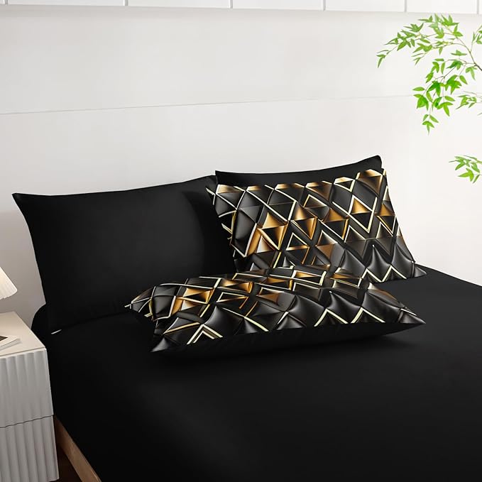 7 Piece Black and Gold King Comforter Set Geometric Pattern，King Quilt Bedding Set Checkered，(1 Comforter, 1 Flat Sheet, 1 Fitted Sheet, 2 Pillowcase and 2 Pillow Sham)