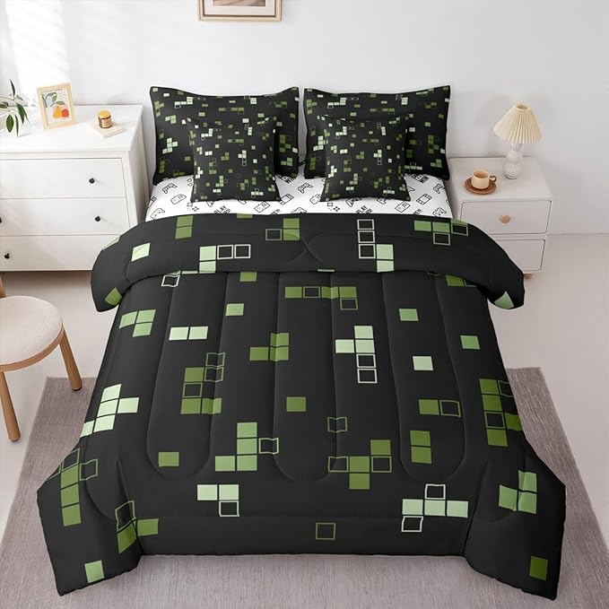 Game 7Pcs Comforter Set King Size,Construction Themed Bedding Sets for Kids Boys Teens Room Decor,Army Green Black Gaming Bed in a Bag Cartoon Fitted Sheet Flat Sheets,4 Throw Pillow Covers
