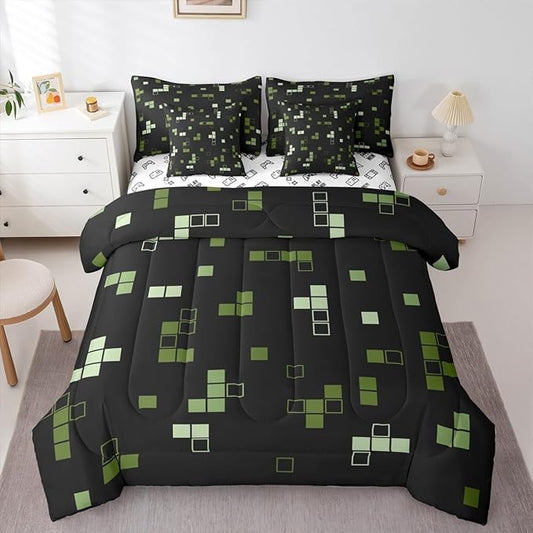 Game 7Pcs Comforter Set King Size,Construction Themed Bedding Sets for Kids Boys Teens Room Decor,Army Green Black Gaming Bed in a Bag Cartoon Fitted Sheet Flat Sheets,4 Throw Pillow Covers
