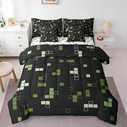 Building Block Games 7Pcs Comforter Set Queen Size,Construction Bedding Set for Kids Boys Teens Room Decor,Army Green Black Video Games Bed in a Bag Cartoon Gamepad Flat Fitted Sheet