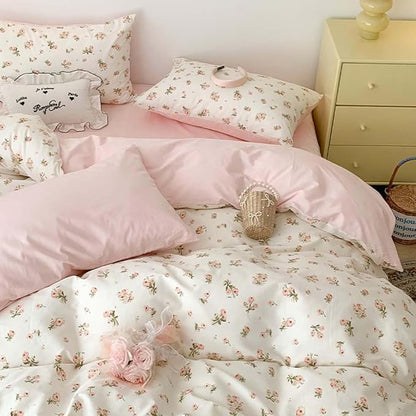 Nayoroom Pink Floral Comforter Set Queen Size Reversible Green Leaf Cottagecore Comforter Girls 3 Pcs Soft Lightweight Aesthetic Bedding Set for All Seasons (1 Comforter, 2 Pillowcases)