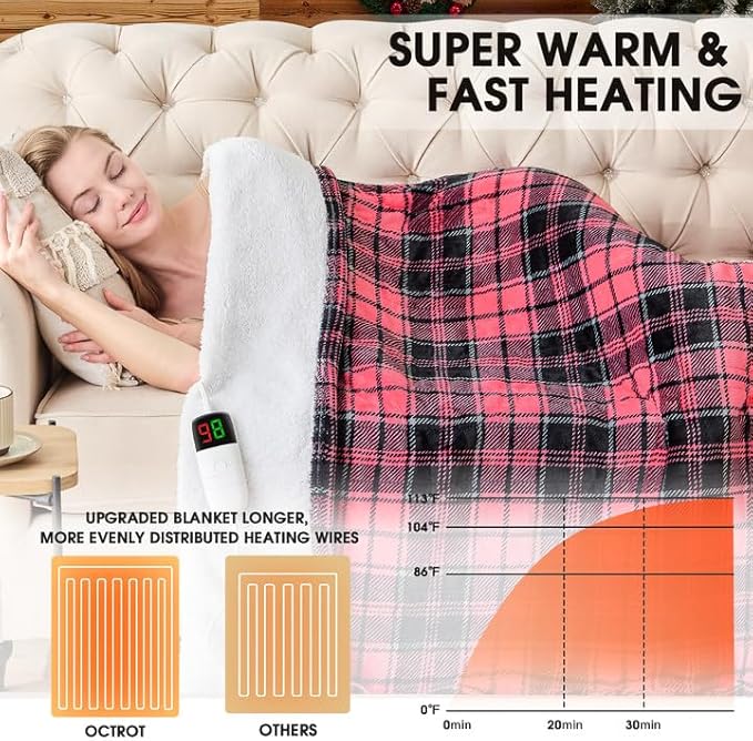 Pink Heated Blanket Electric Full Size,72X84 Heating Blanket with 10 Heats Levels&8 Hours Auto Off&Timer,Plaid Soft Sherpa Pink Blankets Warmer Gift for Grandma Women Adult,Fast Heating Washable