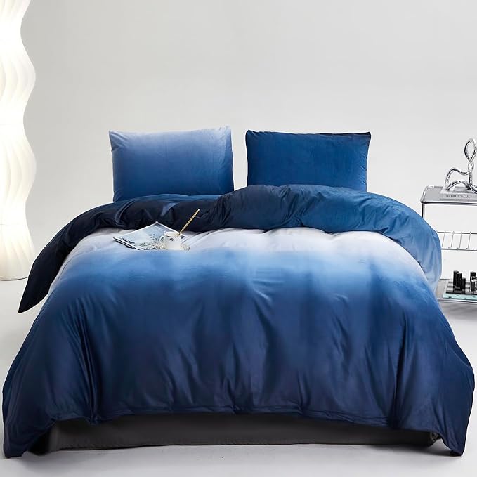 KAREVER Blue White Gradient Comforter Set - Full Size Blue Velvet & White Gradient Quilt - Farmhouse Flannel Comforter