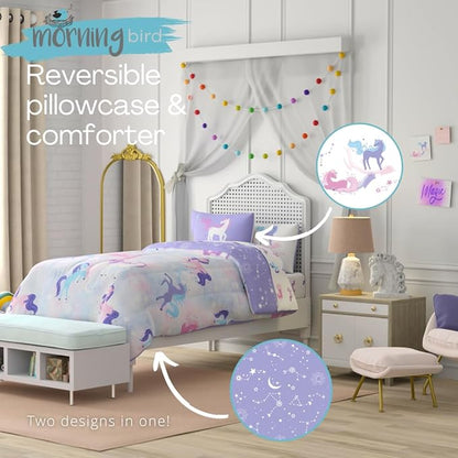 Morning Bird Unicorns Astrology Kids Bedding Super Soft & Cozy Reversible Microfiber Comforter and Sheet Set with Sham, 5 Piece Twin Size, by Franco