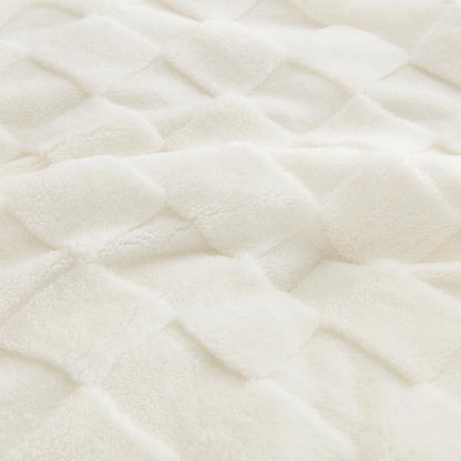 Litanika Fluffy Twin Size Comforter Set Cream, 3 Pieces Warm Sherpa Fleece Winter Bedding Set, Jacquard Checkered Plush Fuzzy Bed Set(1 Comforter, 2 Pillowcases)